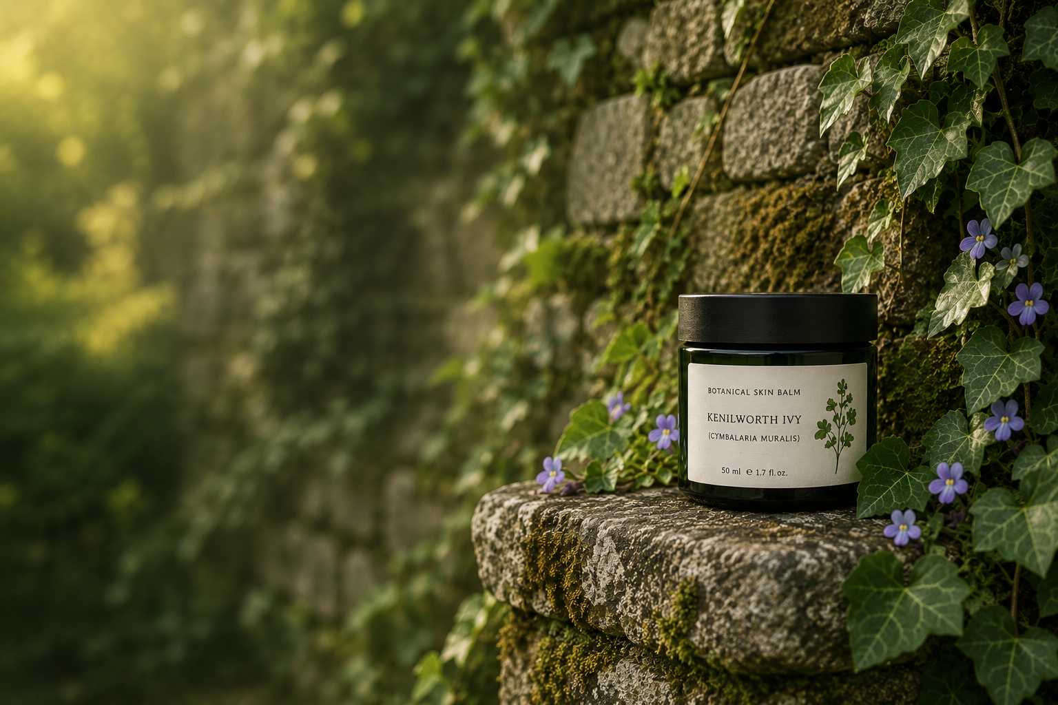 IvyMend balm jar beside ivy and violet flowers