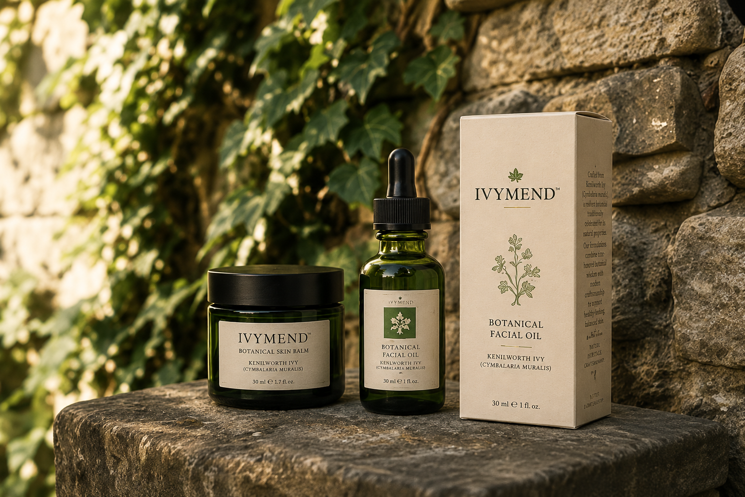 IvyMend balm and facial oil product lineup
